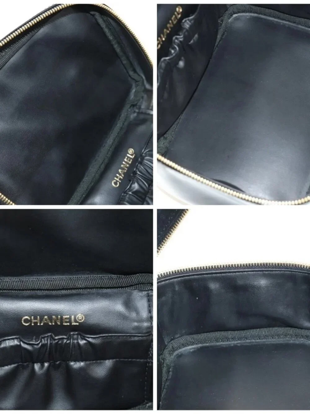 CHANEL Vanity Pouch Patent leather Black Gold CC Auth 136084